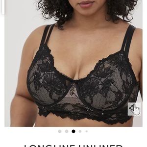 TORRID LONGLINE UNLINED UNDERWIRE BRA DOT LACE BLACK